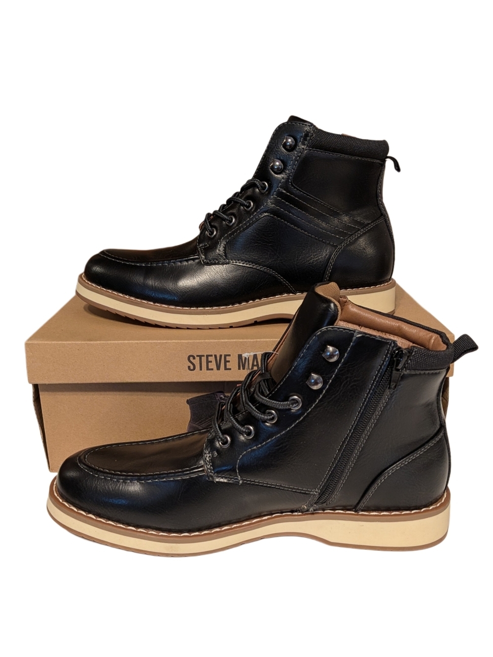 Steve Madden P-Doyers Men’s Boots Size 9 Black Lace Up Side Zip Moc Toe